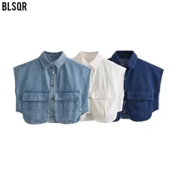 Women's Solid Color Large Pocket Sleeveless Cardigan Polo Collar Shirt Denim Top Vest Single Breasted