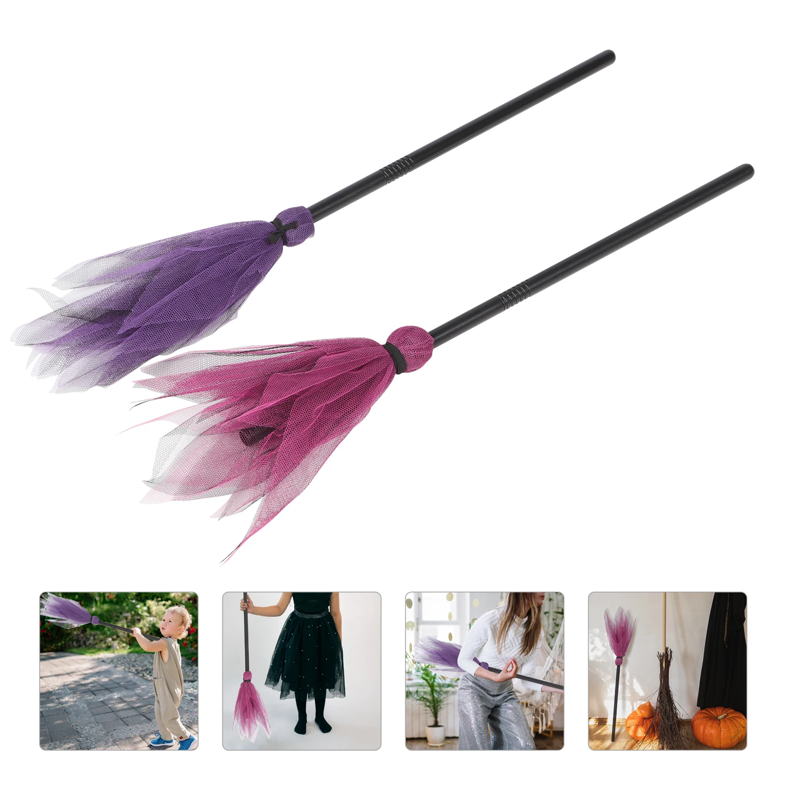 

2pcs Witch Decor Party Prop Cosplay Broom Fine Workmanship Wear Resistant Halloween Cosplay Prop Kids Witch Halloween Broom