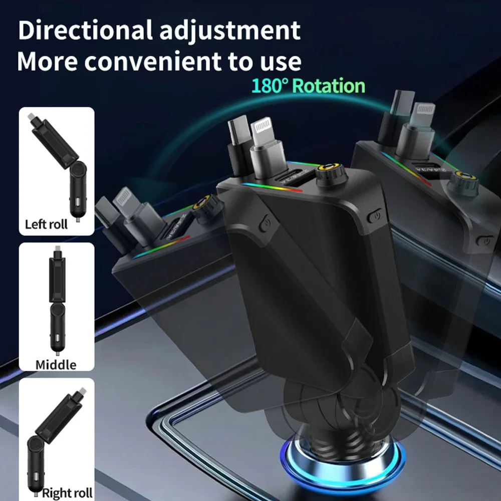 Retractable Car Charger 120W USB C Lightning Cigarette Lighter Adapter Starry Sky Fast Charging Station iPhone Samsung Universal