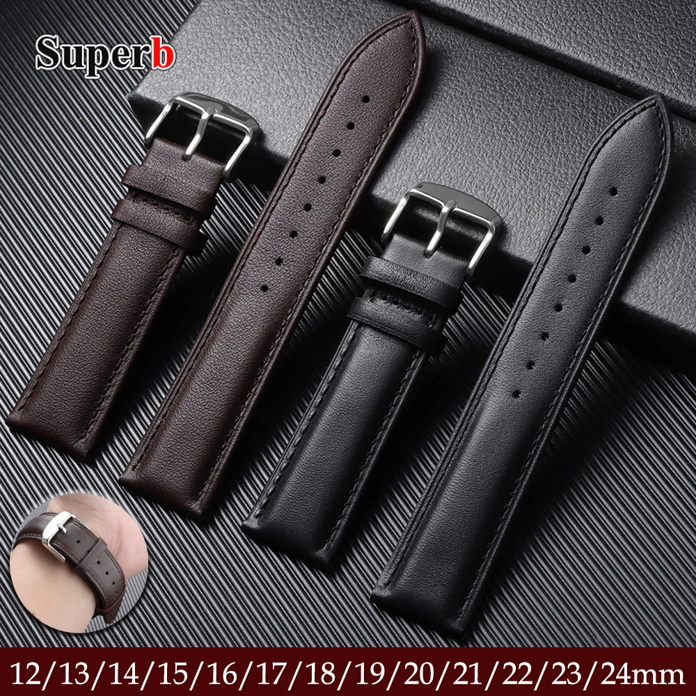 

12/13/14/15/16/17/18/19/20/21/22/23/24mm Genuine Cowhide Strap Replace Wristwatch Watch Accessories Men Women Soft Watchband