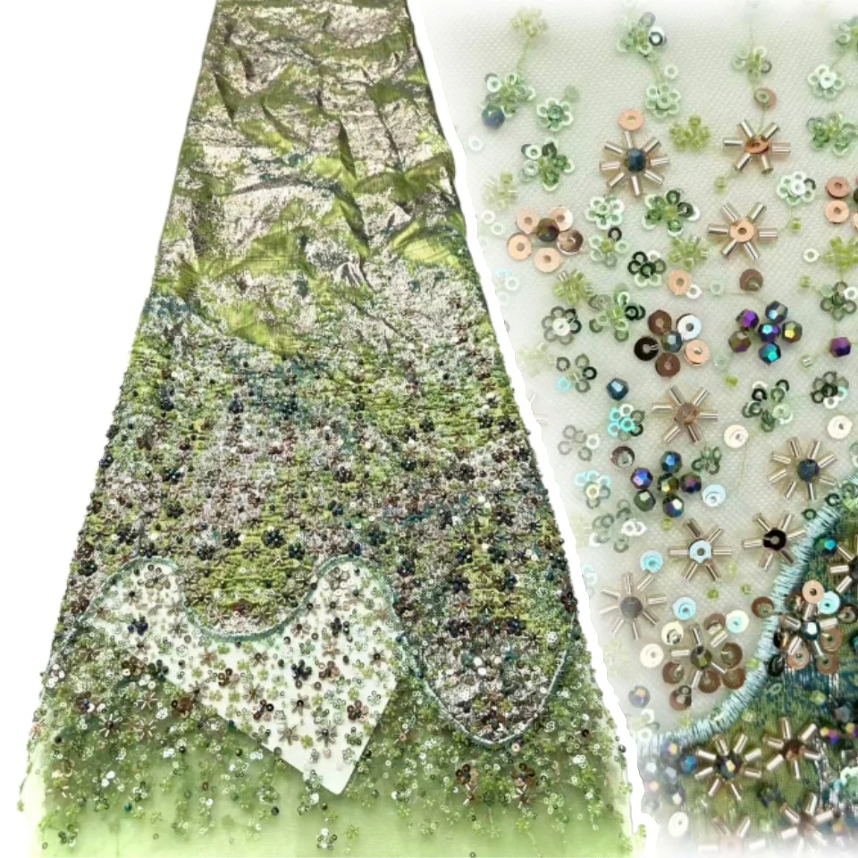 

Green Floral African Lace Fabric French Net Sequins Fabric Sewing Embroidered Lace Tulle Nigerian Lace Fabric 5 Yards 2034