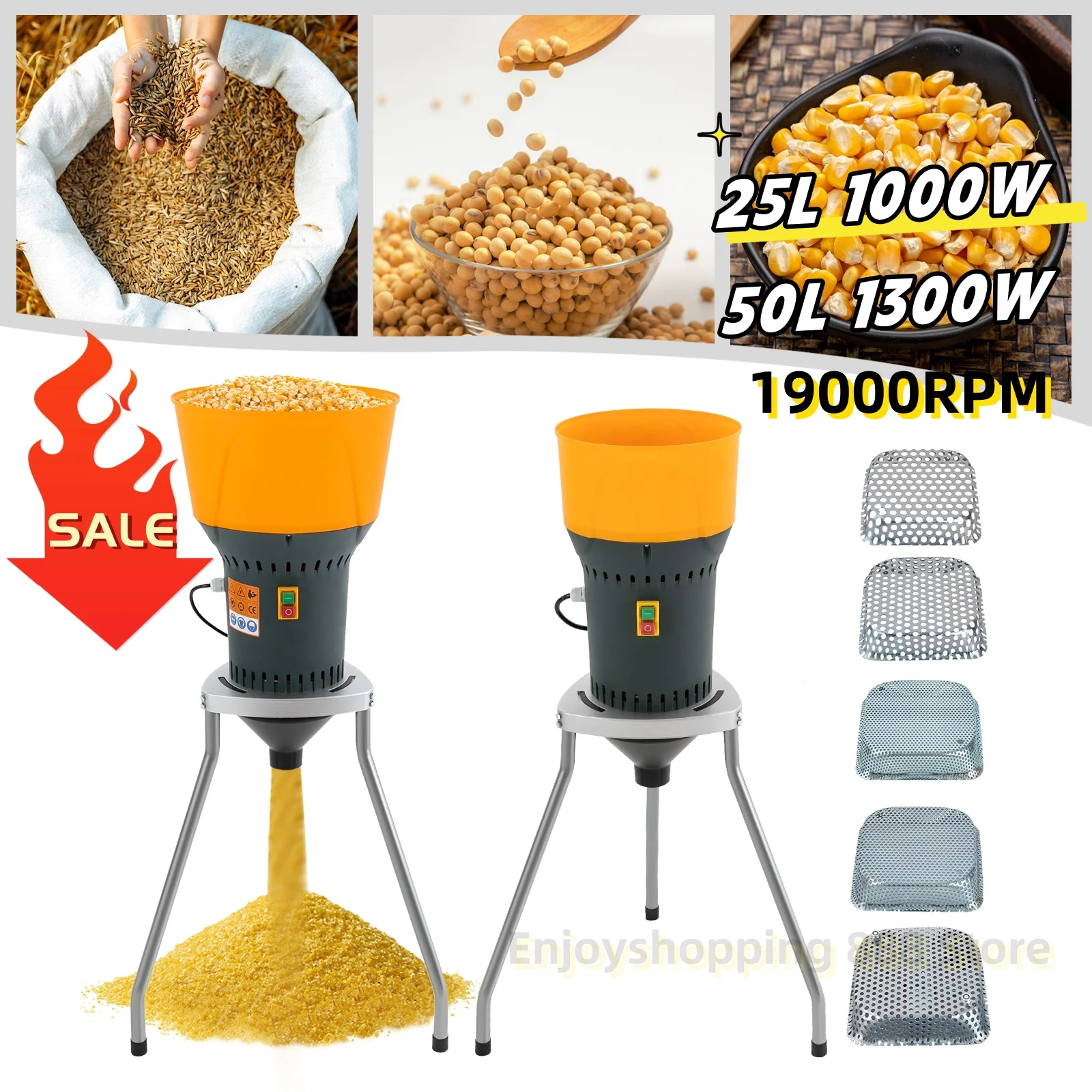 1000W/1300W Electric Grain Mill Dry Cereals Grinder Machine Corn Grain Wheat Cereal Feed 25/50L 19000RPM