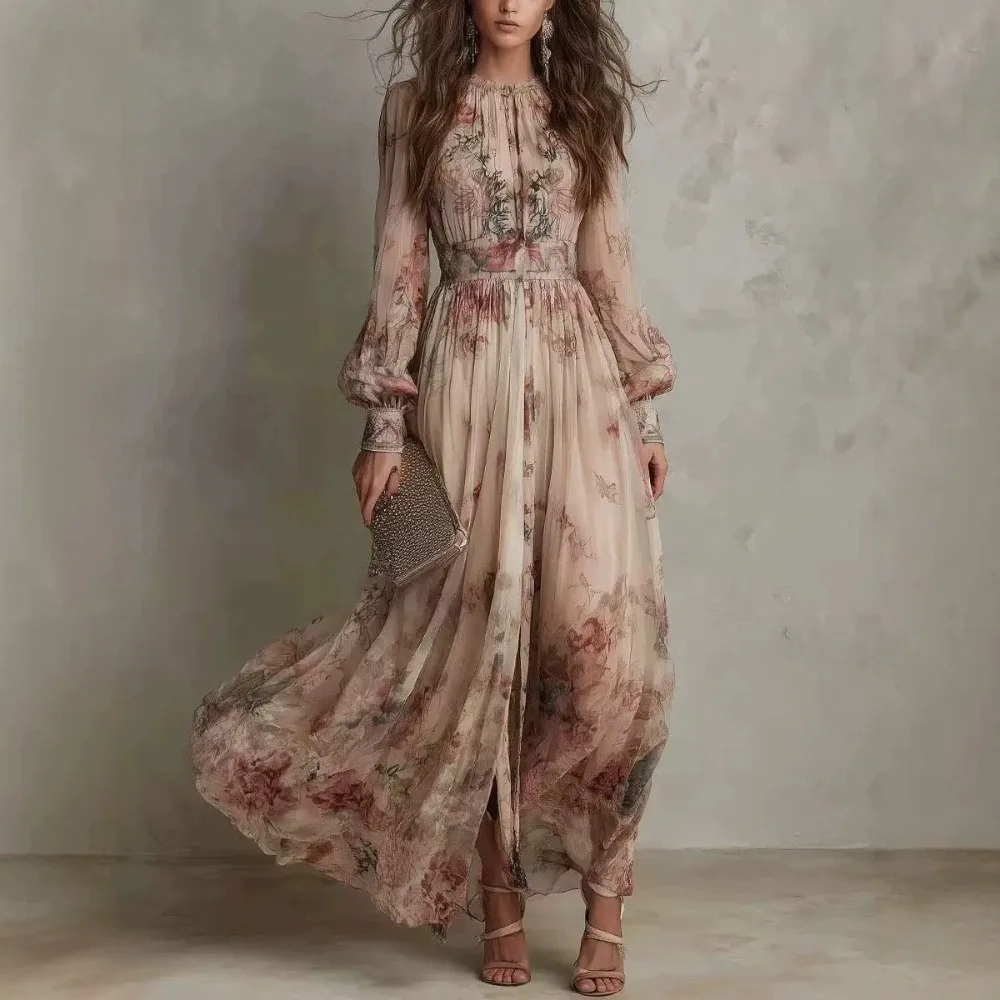 

Vintage Floral Print High Waist Pleated Long Dress Woman Elegant O Neck Slim Party Dresses Spring Long Sleeve Boho Holiday Dress