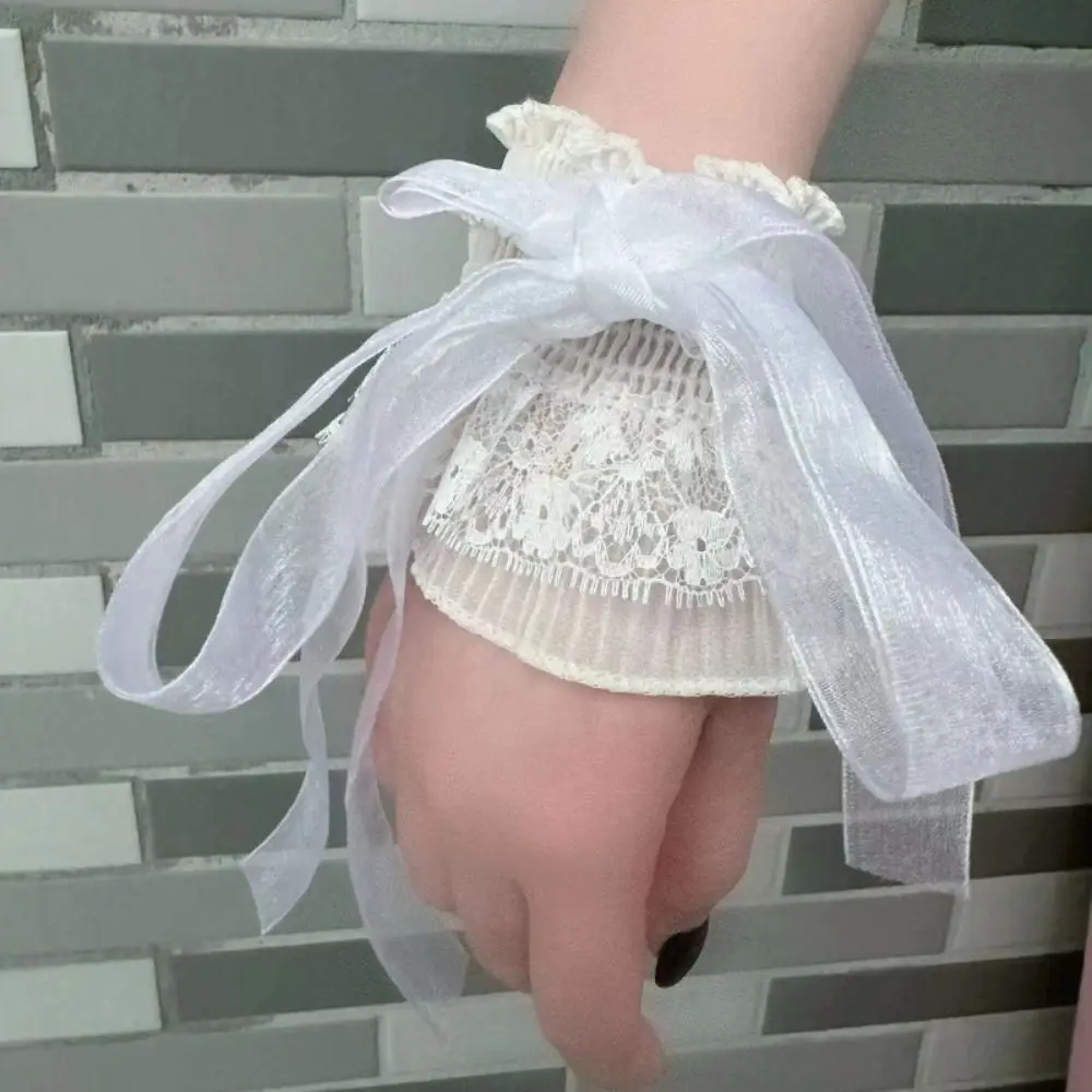 

Lace Lolita Arm Sleeve Elastic Bow Knot Ruffled Fake Sleeves Cuffs Versatile Detachable Ribbon Arm Cuffs Daily Accessory