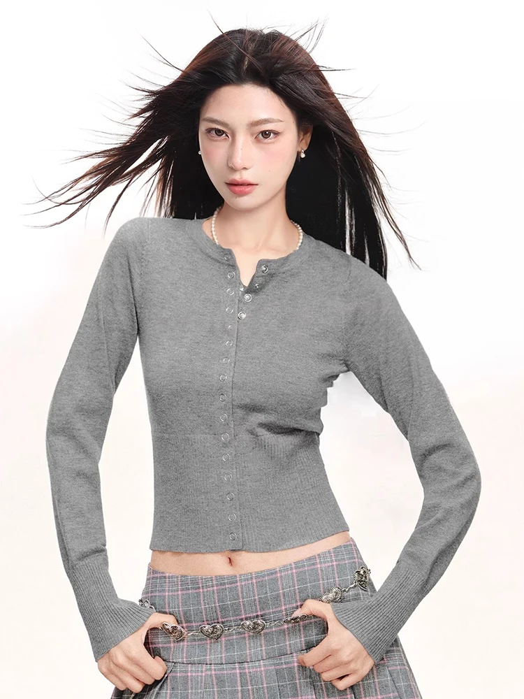 Knit Cardigan Long Sleeve T-shirt Autumn New Women O-Neck Sweater Tight Hot Girl Tops Solid Color Slim Fit Top