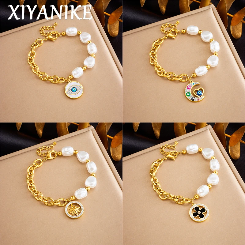 XIYANIKE 316L Stainless Steel Flower Moon Star Charm Bracelet For Women New Trendy Pearl Bangle Jewelry Gifts Wholesale Bijoux