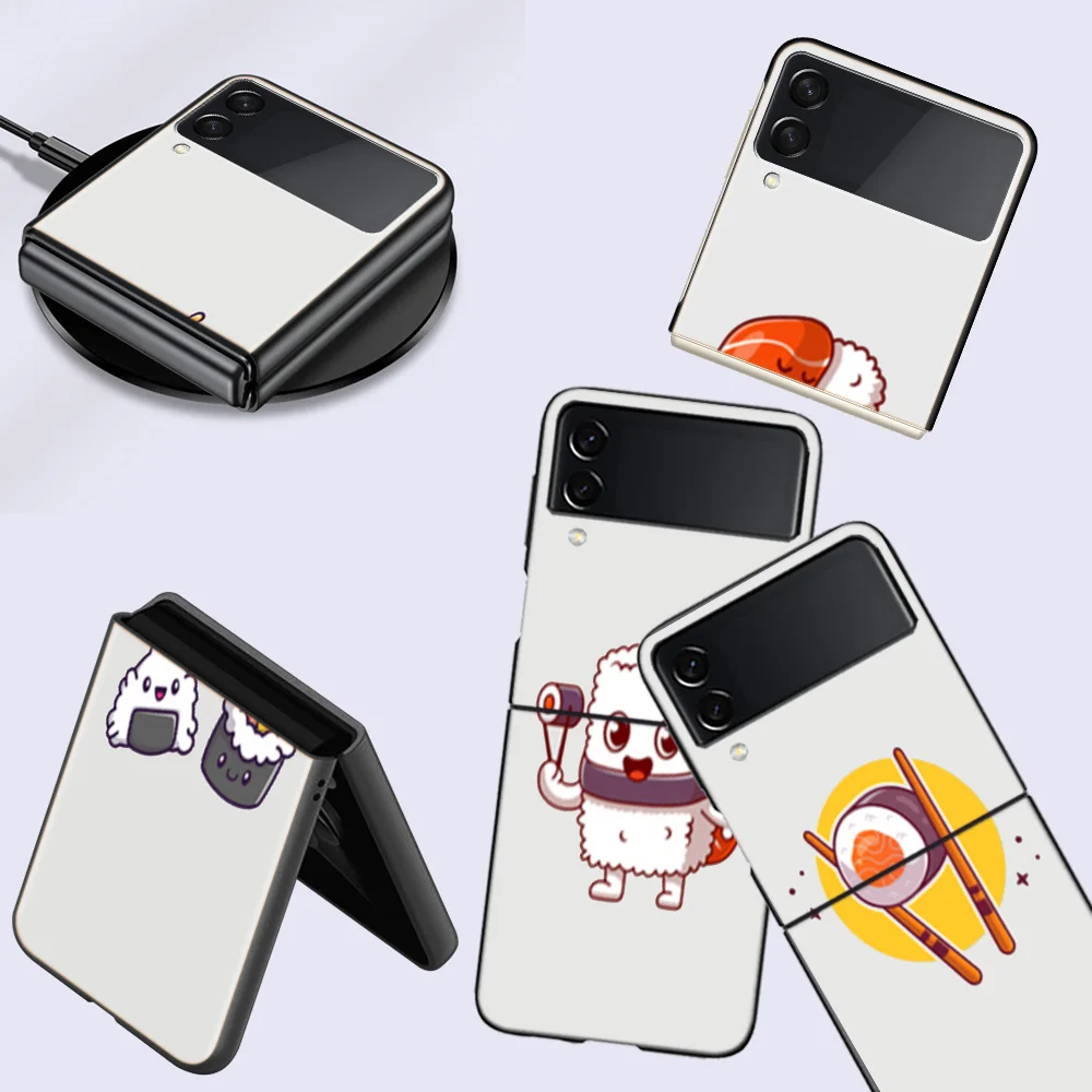 Cute Cartoon Sushi Clear Cell Cell Phone Case For Samsung Galaxy Z Flip 5 5G Z Flip 6 5G 4 3 Black Coque Hard PC Luxury Cover