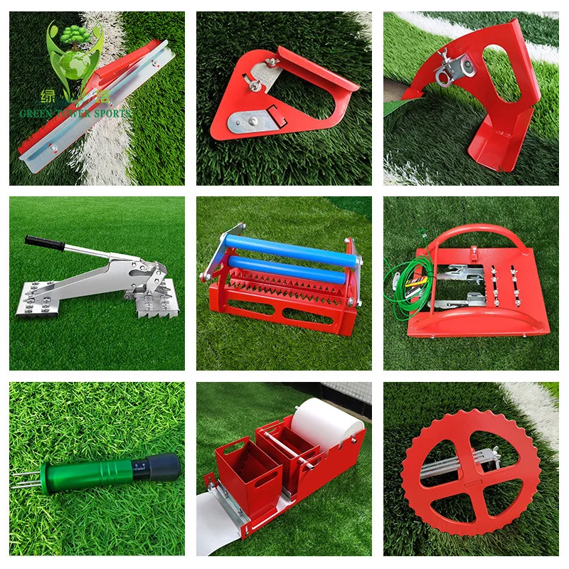

Artificial turf soccer field construction tools: joint compactor tools, adhesive application tools.