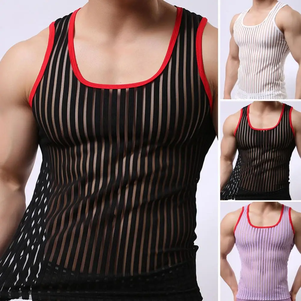 Summer Men Undershirt Trendy Sports Vest Striped Shirt Elastic Mesh Yarn Tees Bottoming Shirt 3D Cutting Fitness Vest Streetwear