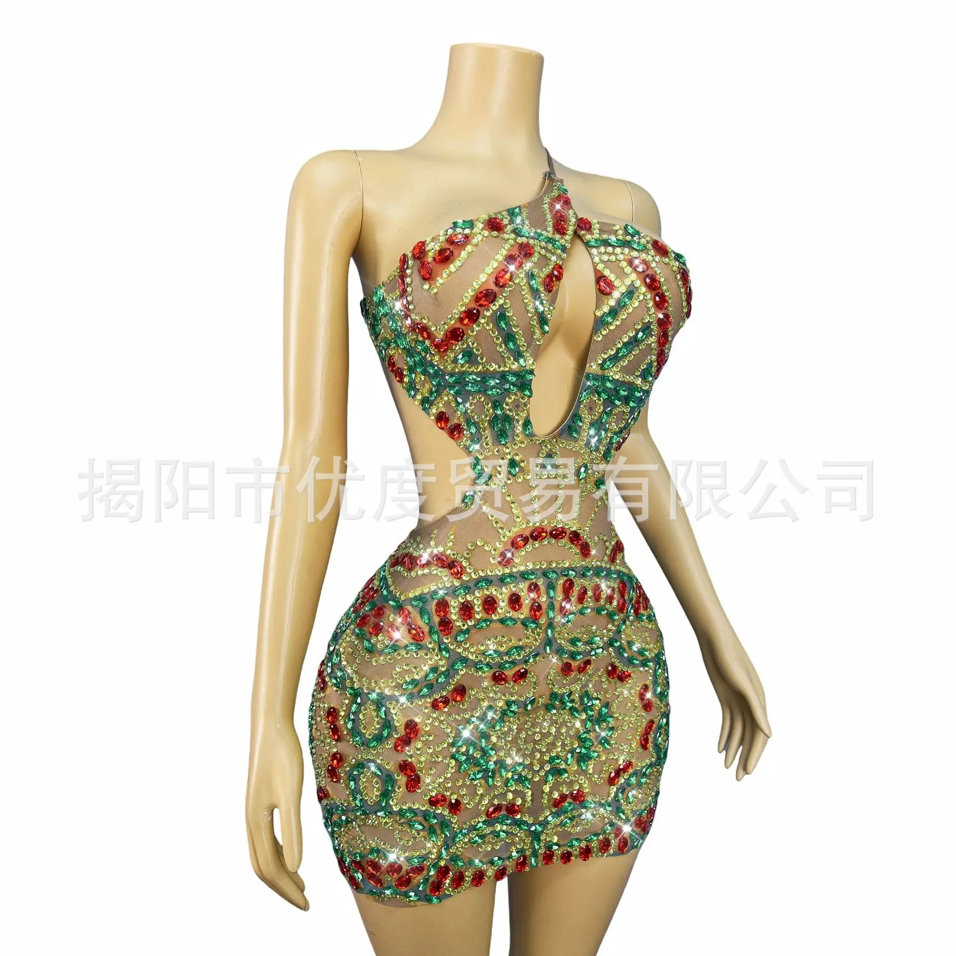 المرأة Halterneck مفتوح الظهر حفلة عيد ميلاد ملون بريق حجر الراين بقماش شفاف فستان قصير تنورة مصر Vestito Con Cristalli #3