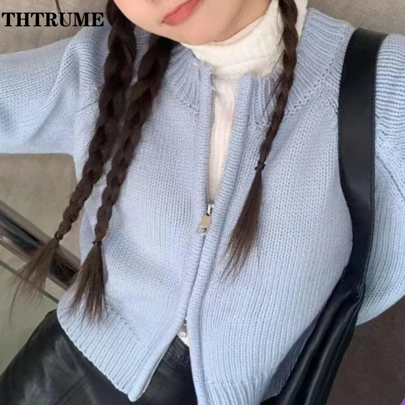 Fashion Solid Round Neck Sweater Elegant Zipper Long Sleeve Autumn Winter Knit Vintage Jumpers Casual Office Lady Chic Cardigan