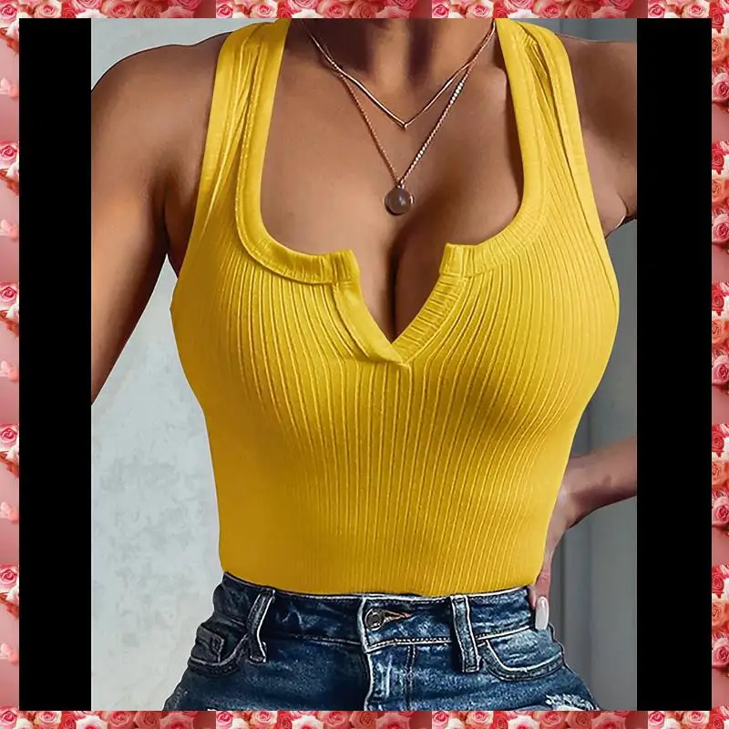 Women's Summer Sleeveless Tops Ribbed Knit Notched V Neck Fitted Tank Shirts