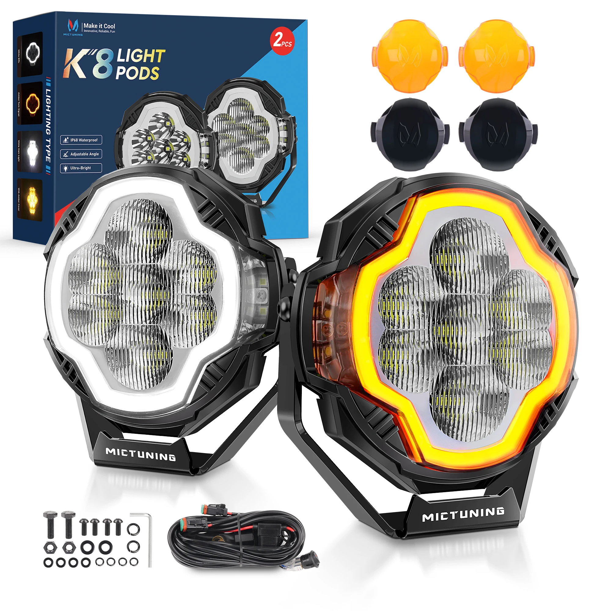 

Светодиодные фары MICTUNING K8 Flood Pod 4 дюйма, внедорожные рабочие фары с белым и янтарным ДХО, динамическим пусковым светом, водонепроницаемость IP68