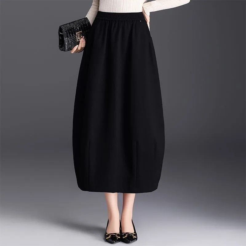 

Women's High Waist Lantern Midi Skirt Solid Color Casual Loose Fit Long Skirt