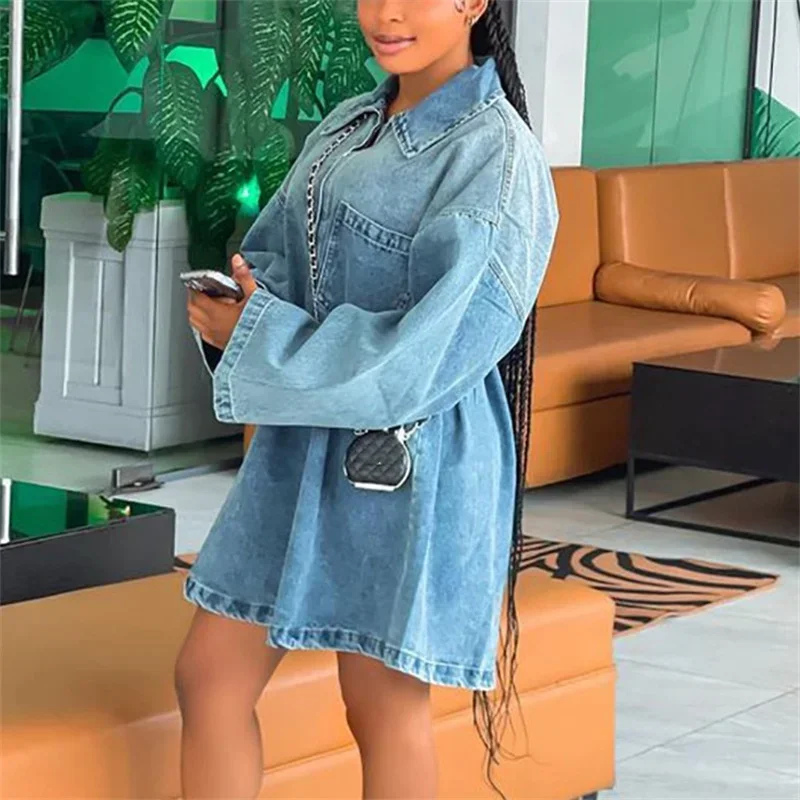 Women Zipper Splice Large Lapel Neck Dress Fashion Casual Commuter Loose Denim Gown Spring Autumn Long Sleeve Female Dresses New