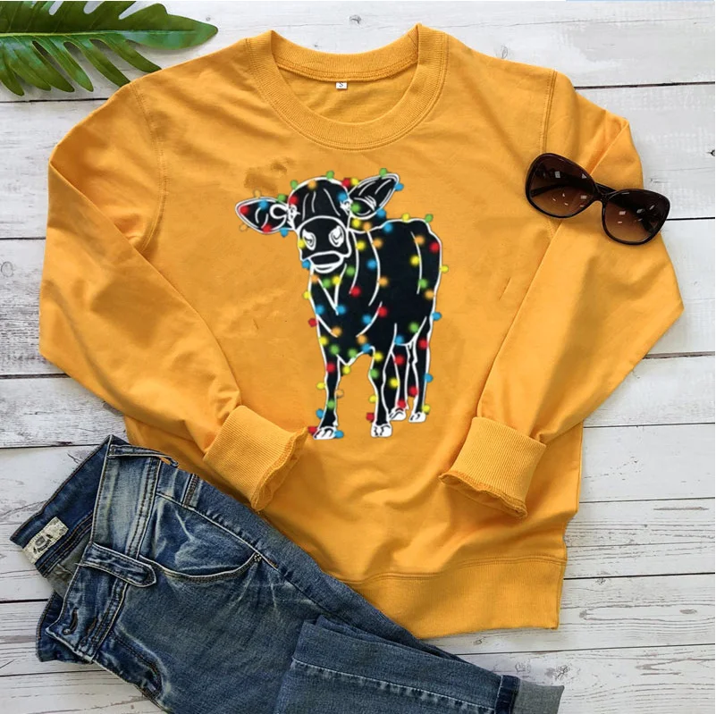 Christmas Cow Lights Women's Country Sweatshirt for Her Women Mom Gift Fashion Long Sleeve Tops Shirts Casual y2k Drop Shipping