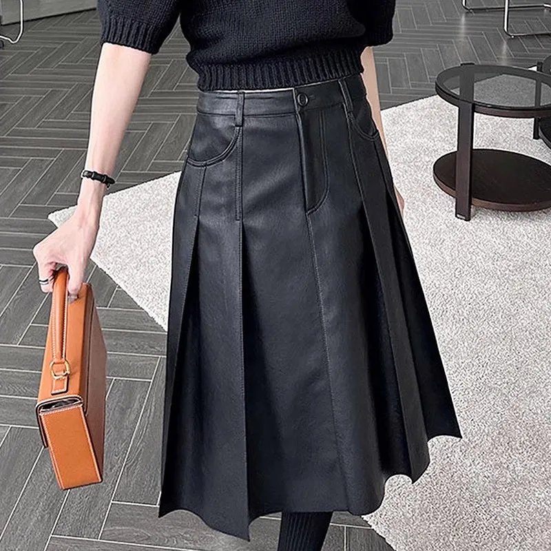 

2024 New PU Leather A-line Pleated Skirt Women Black Solid Pockets Mid Skirts Korean Fashion Bottoms Jupe Chic Female LL-001