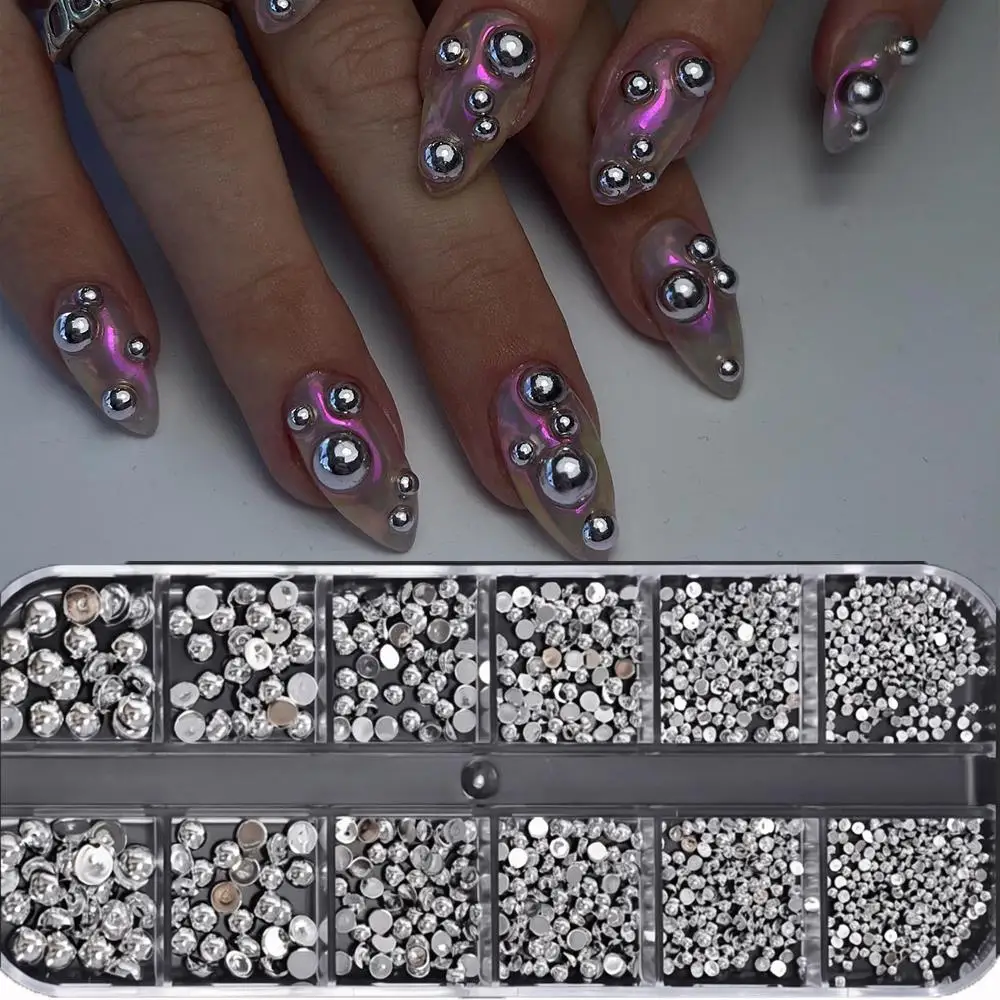 12Grids 3D Silver Half Round Pearls Nail Charms 1.5-5mm Caviar Beads Nails Rhinestones Punk Style Manicure Decoration Micro Ball