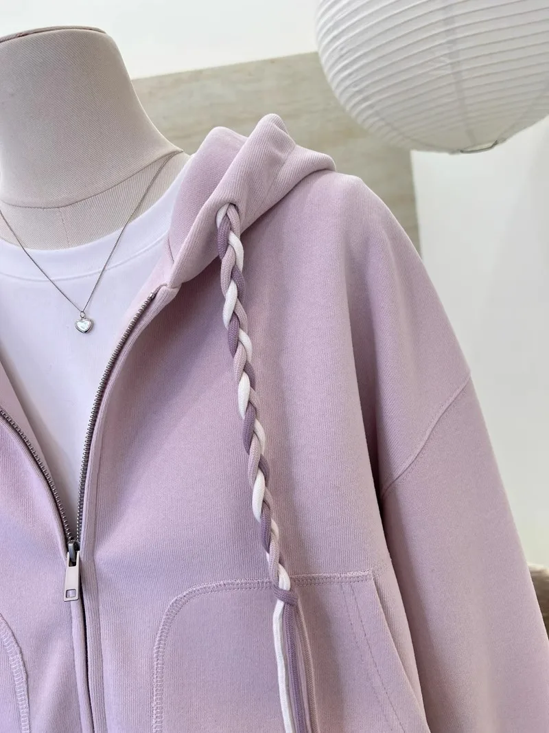 Braided Drawstring Cropped Zip Up Women's Hoodies Solid Color Long Sleeve Sweatshirt Spring Autumn Casual Jacket with Pockets