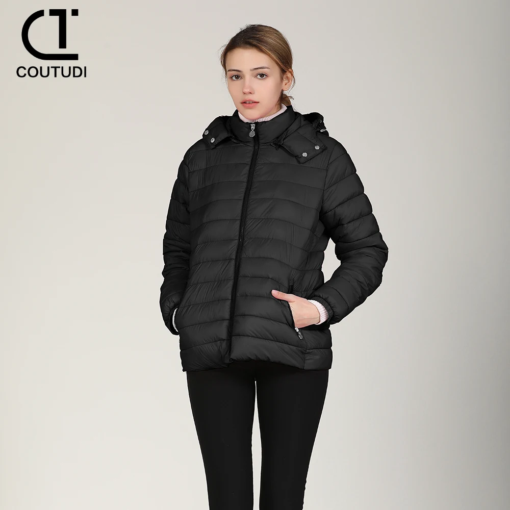 

COUTUDI-Hooded Puffer Jacket for Women, Lightweight Warm Down Coat, Full Zip Up, Casual Female Windbreaker, Winter Outwear