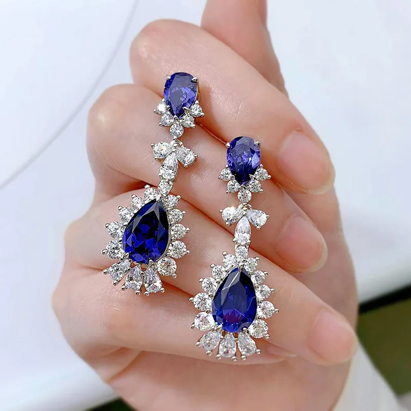 Luomansi Solid S925 Sterling Silver Drop Shaped Sapphire Diamond Long Earrings Women\'s Wedding Anniversary Party Jewelry