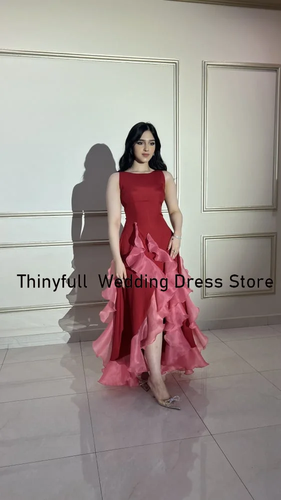 Thinyfull Saudi Arabic Formal Party Gowns O-neck Sleeveless Prom Dress 2024 Ruffles Satin Evening Gown Robe De Soirée Customized