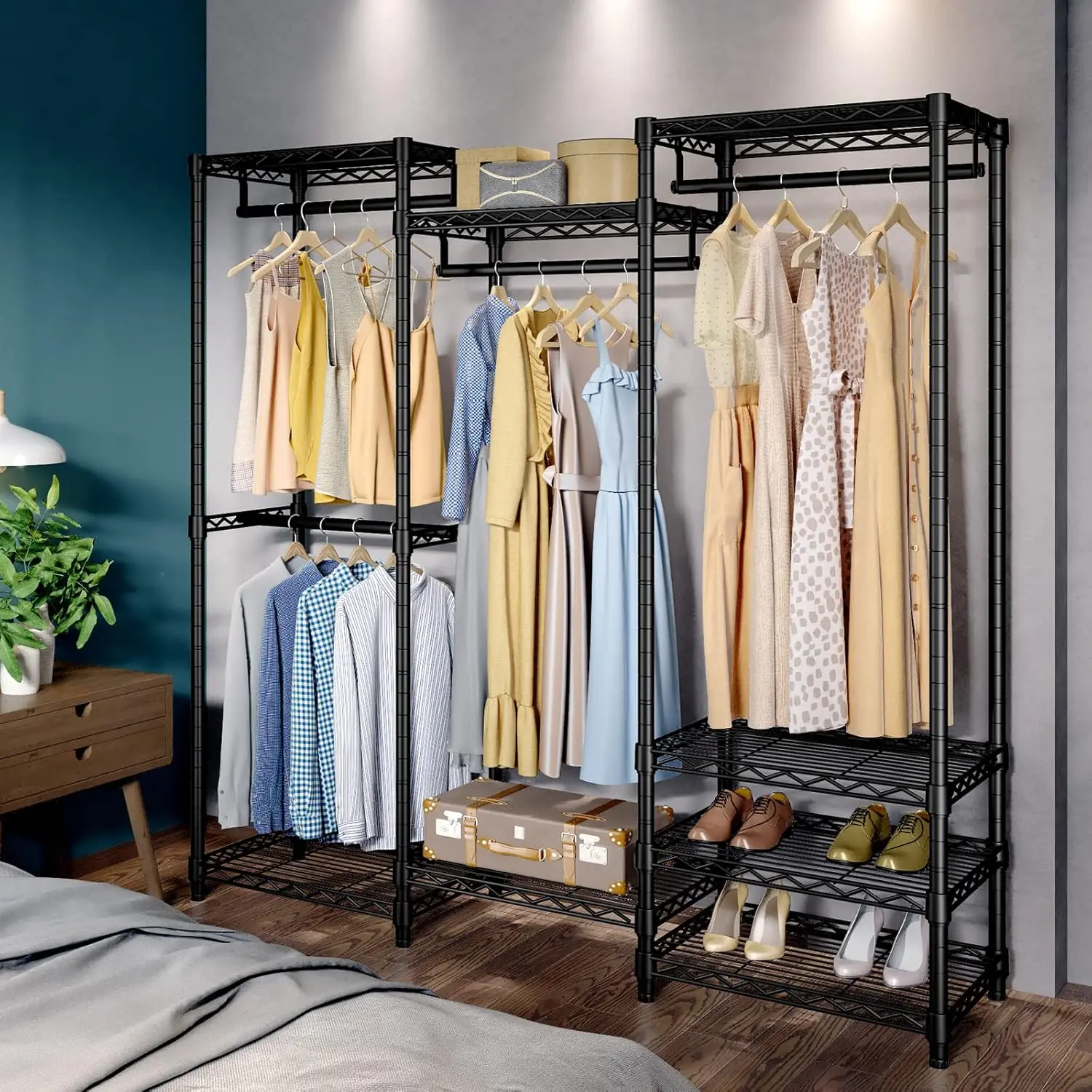 Portable Closet Wardrobe Heavy Duty Clothes Rack Freestanding Closet Metal Clothing Rack with 4 Hang Rods & 8 Shelves Adjustable