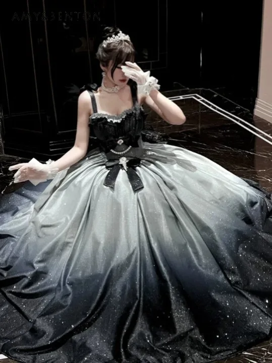 

2025 New Lolita Bow Long Dress Coming-of-Age Ceremony Birthday Host Art Exam Party Strap Blue Black Princess Dress