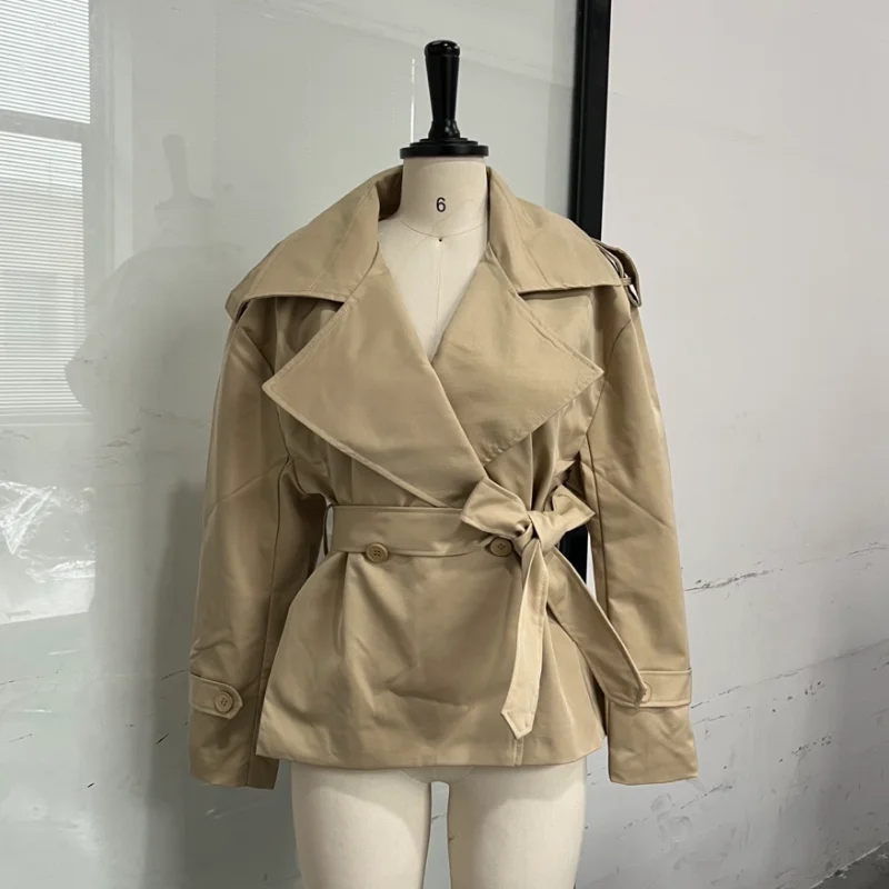 Französischer Minimalistischer Cropped Trenchcoat Büro-Gürteljacken Damen Oberbekleidung Lässig Schick Frühling Stilvolle Tägliche Mode-Outfits – Detail 1