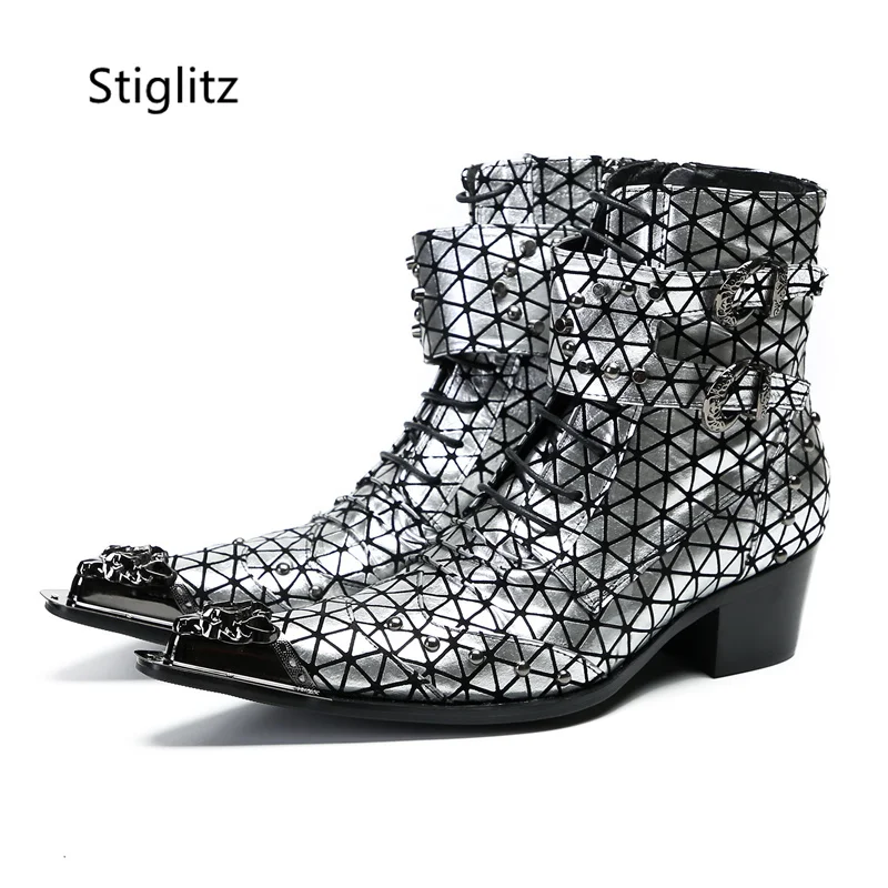 

Silver Genuine Leather Ankle Boots for Men Pointed Toe Metal Decor Rivet Double Buckle Men's Boots Zip British Style Man Shoes