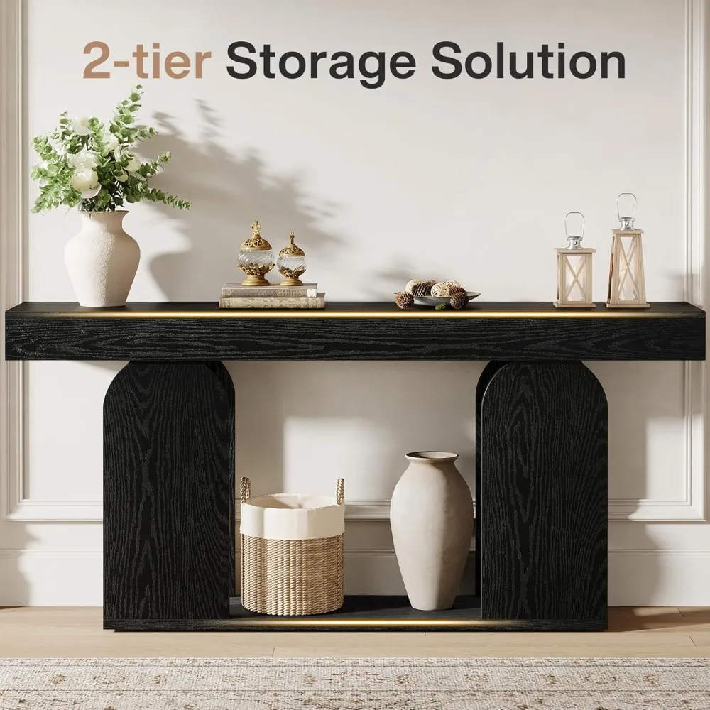 طاولة أريكة طويلة جدًا مقاس 70.9 بوصة، وطاولات كونسول بإطار خشبي ورف تخزين، وطاولة خشبية من طبقتين خلفي