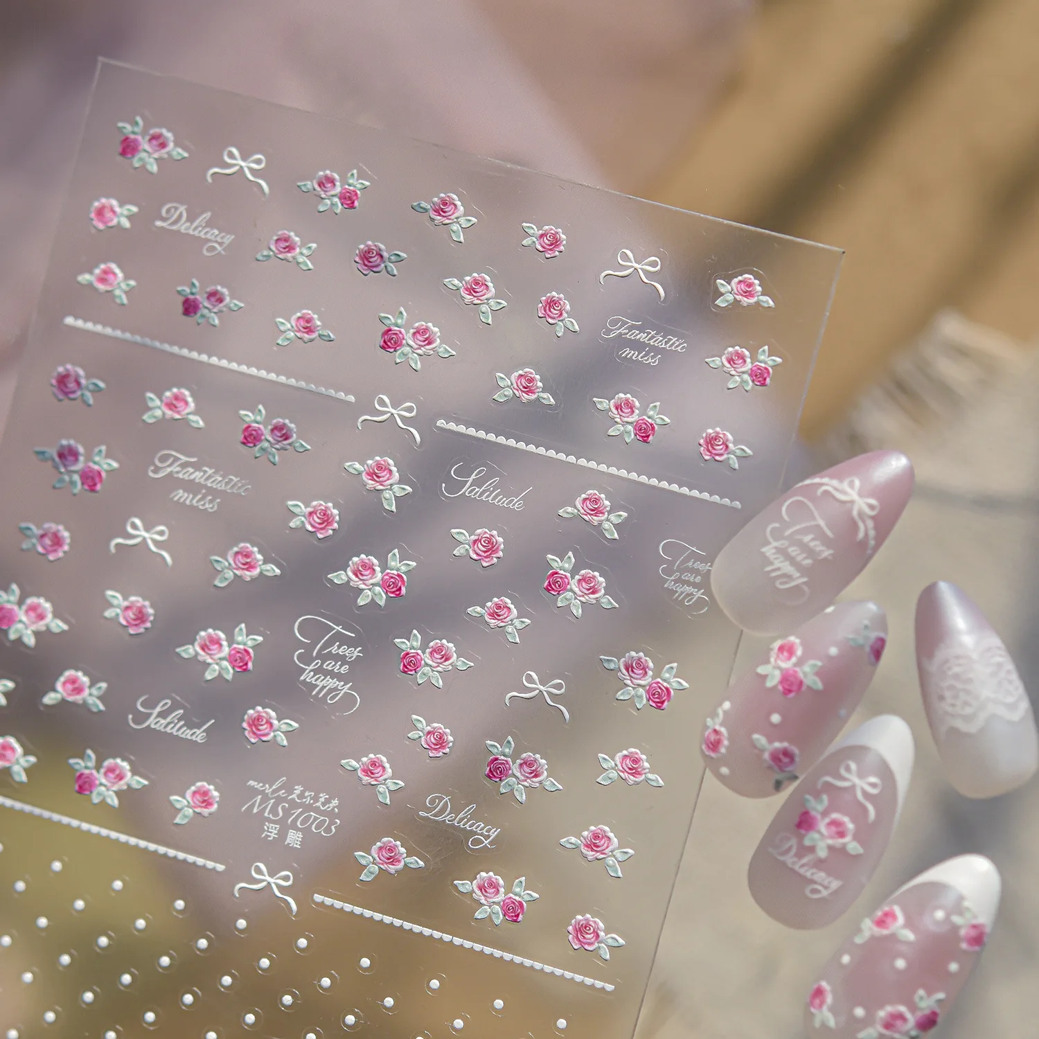 5D Embossed Nail Stickers Exquisite White Lace Paired Pink Rose Patterned Self-adhesive Nail Art Sticker For DIY Nail Decoration