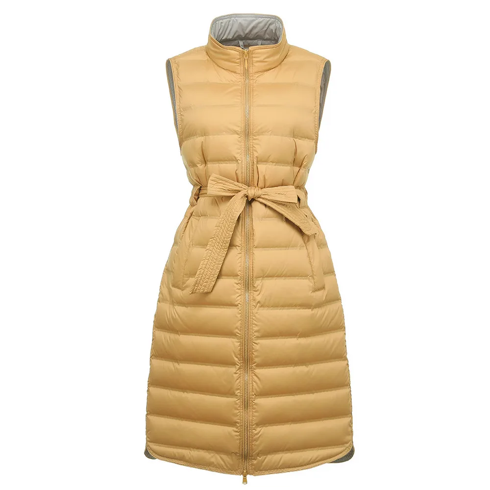 2025 Autumn/Winter New Women's Down Vest Commuter Windproof Stand Collar Strap Long Vest