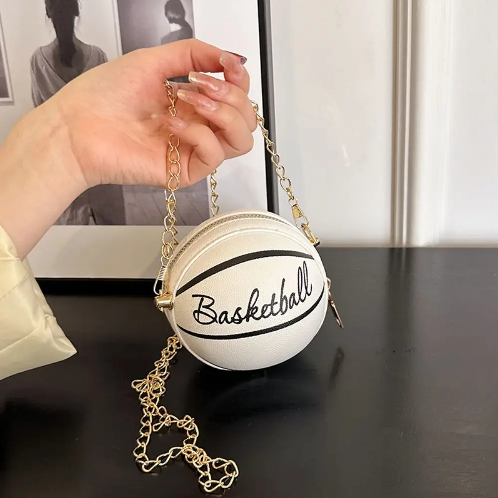 

PU Leather Mini Basketball Messenger Bag Purse Handbag Round Crossbody Bag Metal Chain Creative Sports Shoulder Bag Streetwear