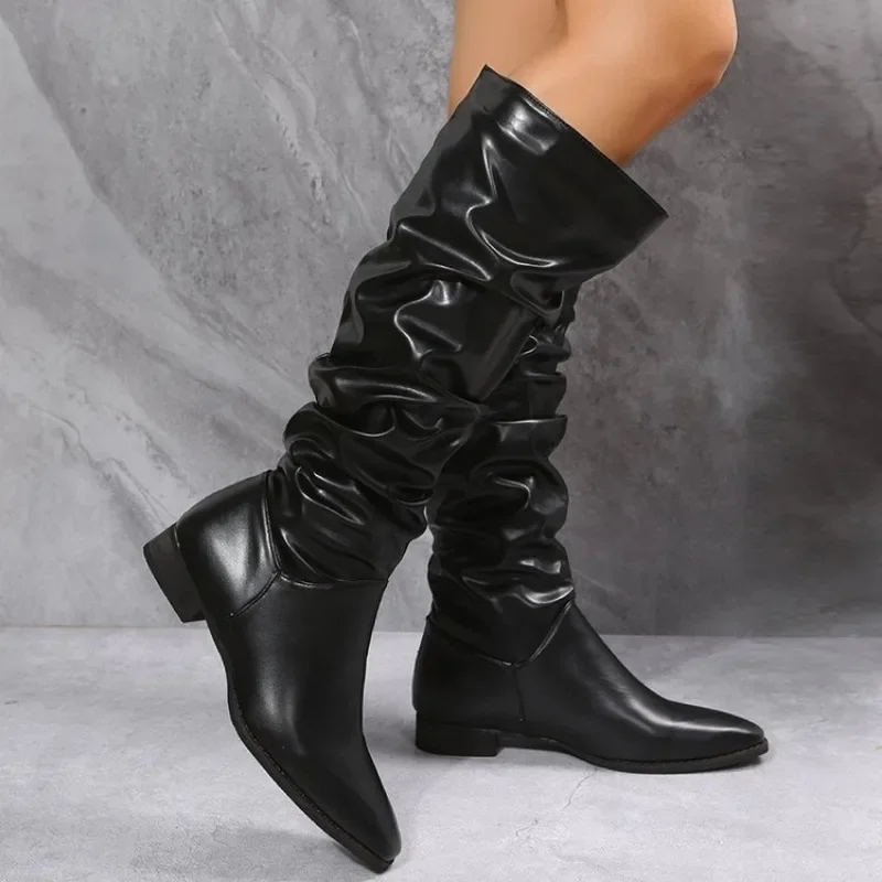 Shoes for Women 2023 Spring Knee High Boots Red Black White Tall Boots Woman Pleated Low Heel Casual Leather Female Long Shoes