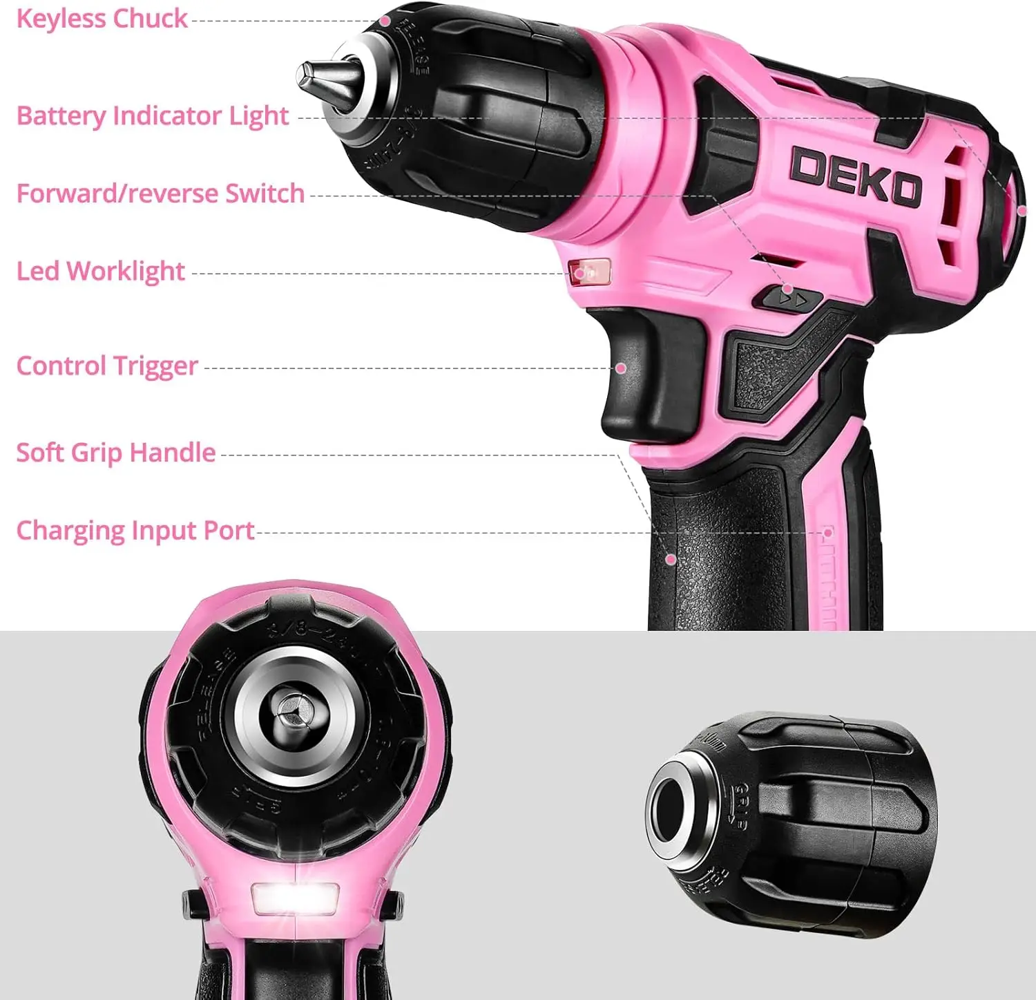 DEKO 8V Pink Cordless Drill, Drill Set with 3/8