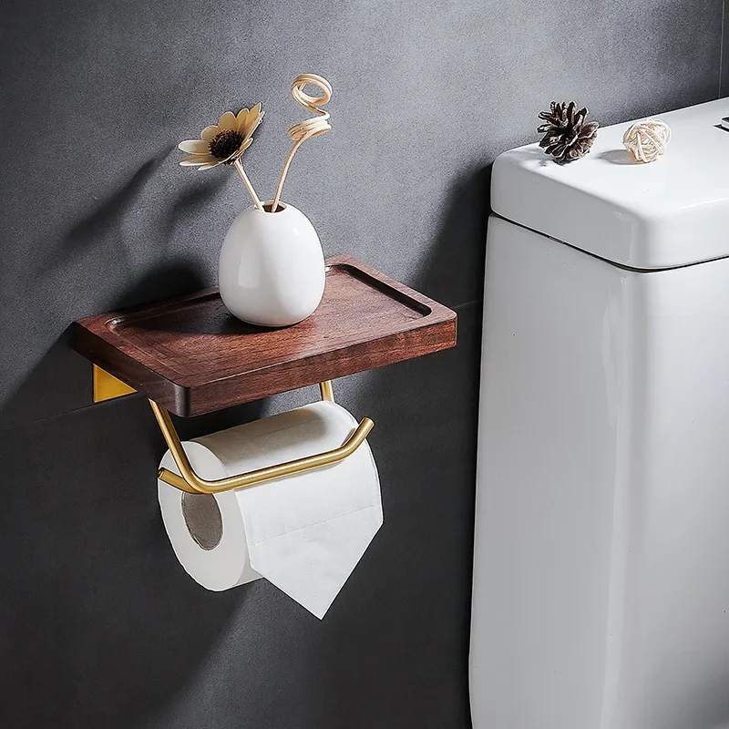 

Luxurious Black Walnut Tissue Box with Non-perforated Roll Paper Holder and Creative Mobile Phone Shelf for Toilet