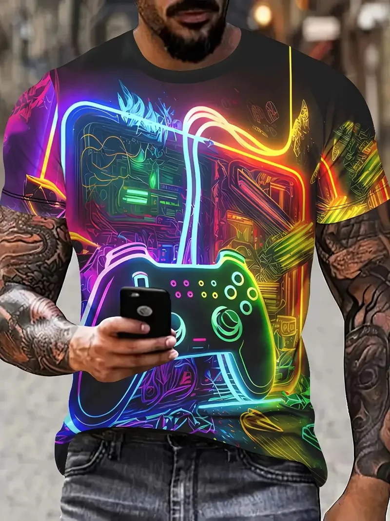 

3D Digital Print Men's Casual Vibrant Neon Game Controller Design T-Shirt New In Crew Neck Short Sleeve Gamer T Shirt For Men