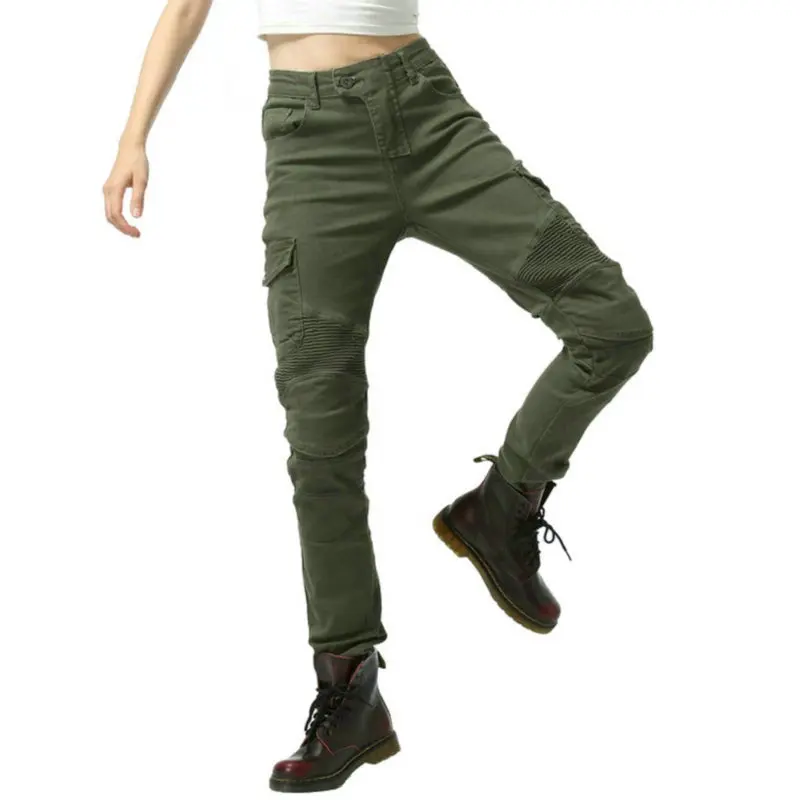 أنثى دراجة نارية أربعة مواسم ركوب الجينز الجيش الأخضر موتوكروس حماية السراويل النسائية قاطرة واقية بنطلون مستقيم #3