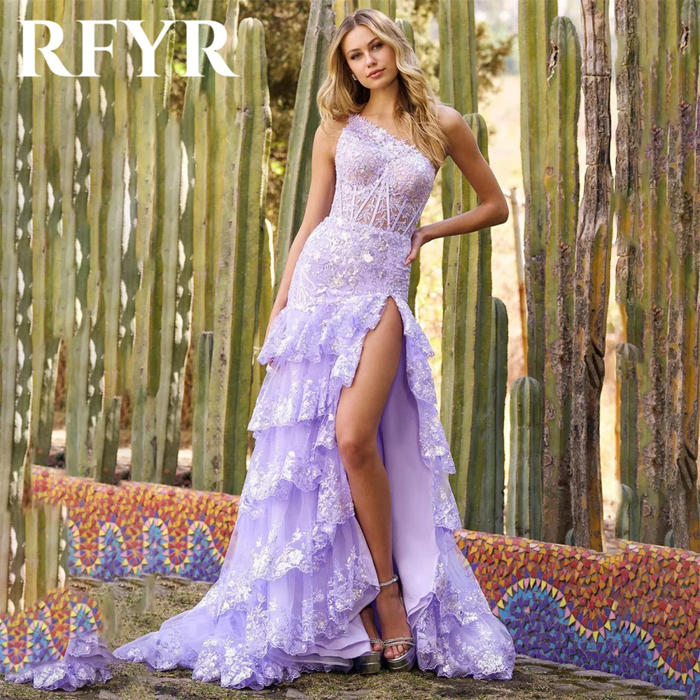 

RFYR Lilac Prom Dress One Shoulder Appliques Evening Party Dress Trumpet Floor Length Elegant Tiered Tulle Party Gown Customized