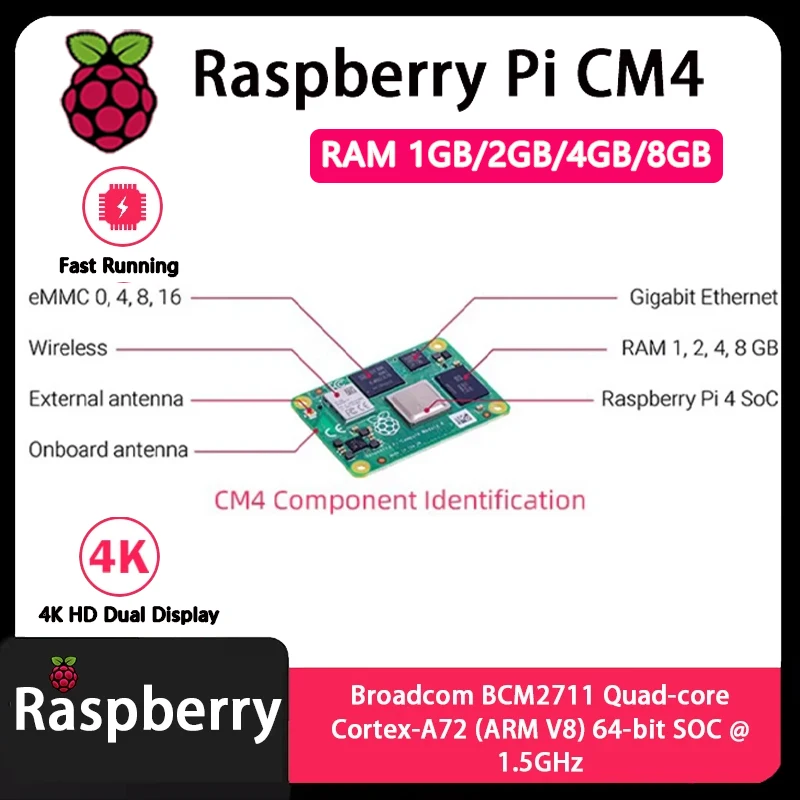 Raspberry Pi CM4 1GB/2GB/4GB/8GB RAM Rpi ComputeModule 4 4GB/8GB/16GB/32GB EMMC Wifi اختياري أداء معزز أصلي