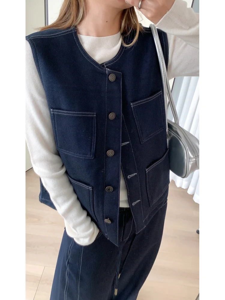 Soft Drapey Multi-Pocket Workwear Vest Denim Layering Autumn Winter New Style N815 Women's Fashion Fleece Lined round Neck Vest