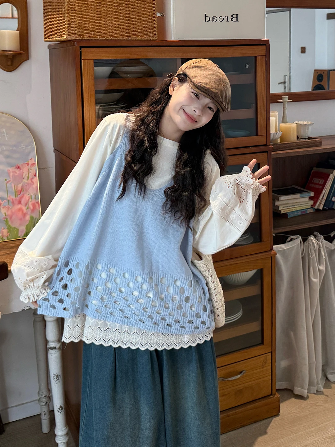 

plus Size Women's Spring Commute Style Knitted Long Sleeve Base Layer Loose Top Pants Three Piece Set Hollow out Overlap Wear