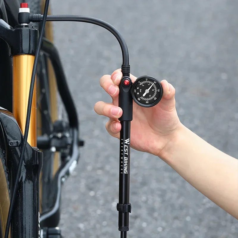 

WEST BIKING Вилочный насос MTB с манометром 300/400 фунтов на квадратный дюйм, ударный насос высокого давления для горного велосипеда, ручной воздушный насос, шланг Scharder