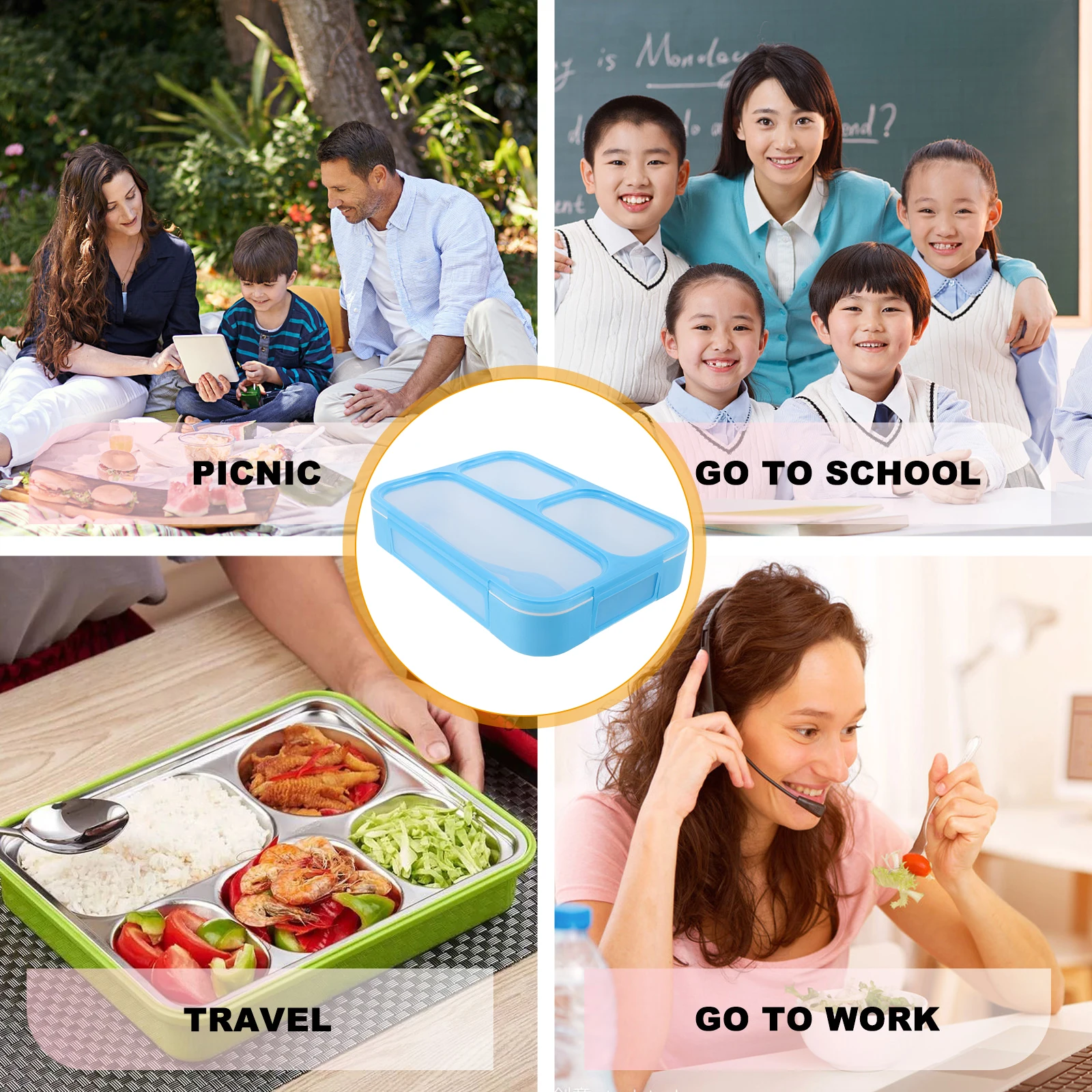 

Plastic Lunch Box Divided Containers Blue Compact Portable 3 Grid Sealed Food Preservation Kitchen Storage Boxes