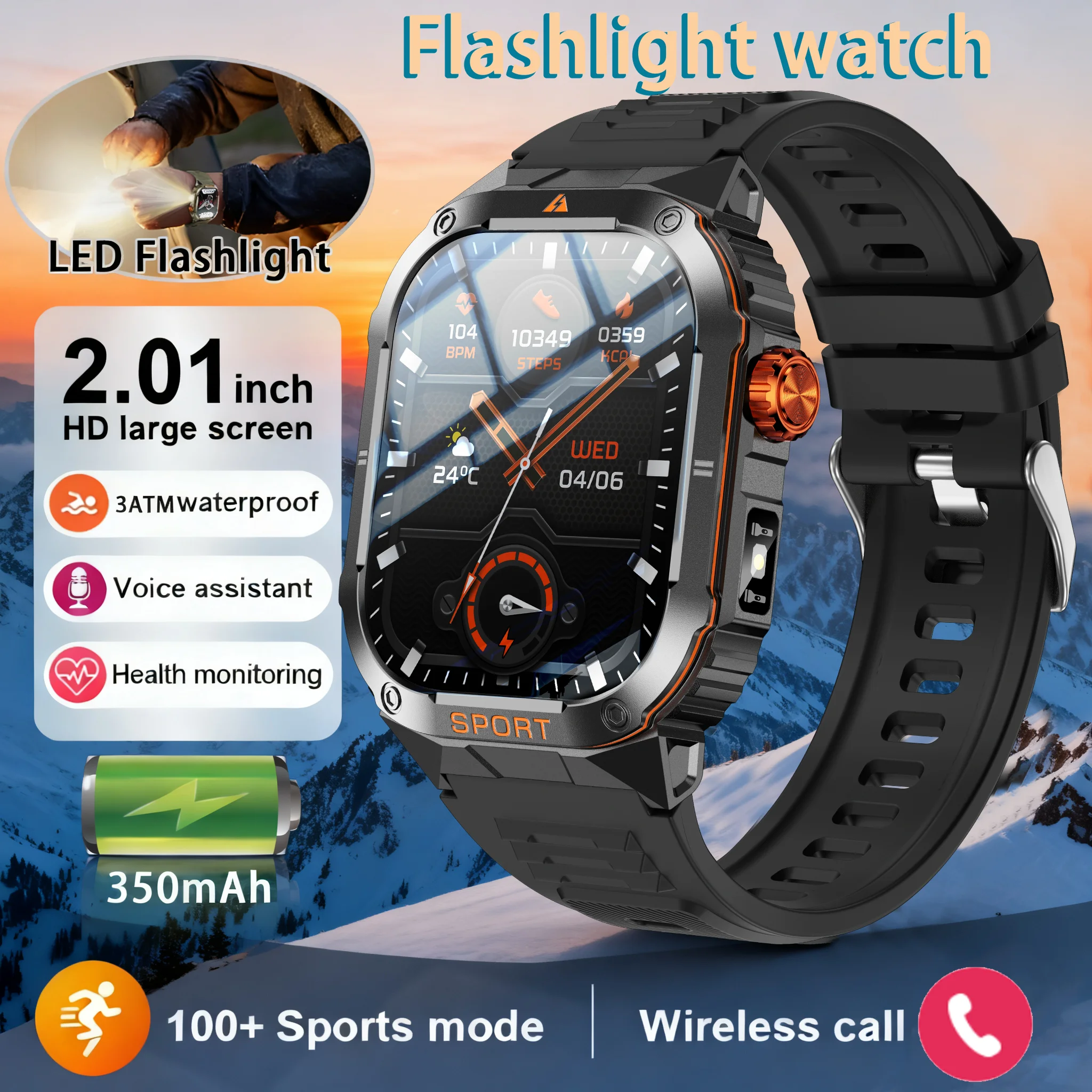 

2025 New Military 2.01-inch 350 mAh Battery Smart Watch 3ATM Waterproof LED Flashlight Heart Rate Sports tracker Smartwatch Men