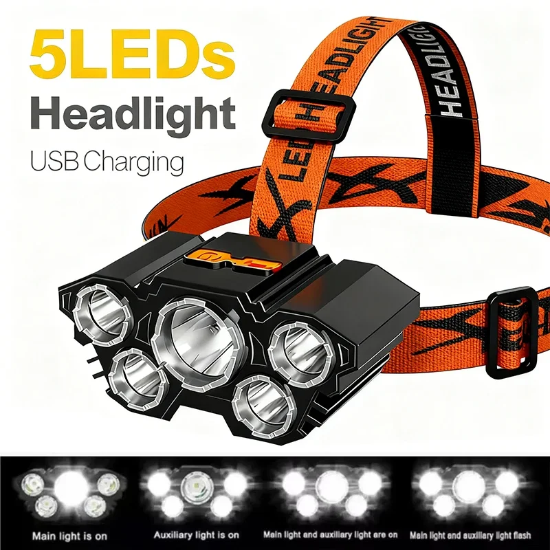 

Мощный светодиодный фонарик, перезаряжаемый со встроенной литиевой батареей, сильный налобный фонарь, налобный фонарь для кемпинга, приключений, рыбалки, велоспорта