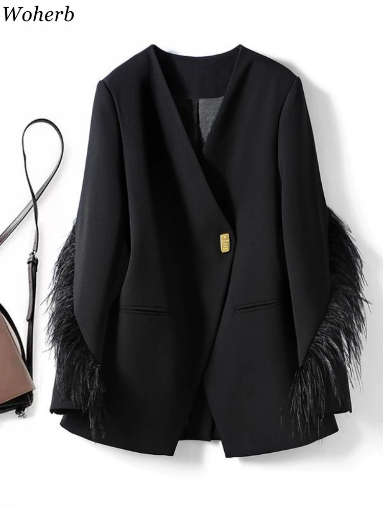 Vintage Black Plume Patchwork Jackets 2024 Women's Clothing Temperament Outwear Fashion V Neck New Tops Korean Coats Ropa Mujer