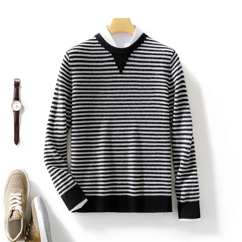 

100% Merino Wool Knitted O-Neck Color-Blocked Stripes Sweater Pullover Cashmere Soft Long Sleeves Fashion Casual Clothing Top