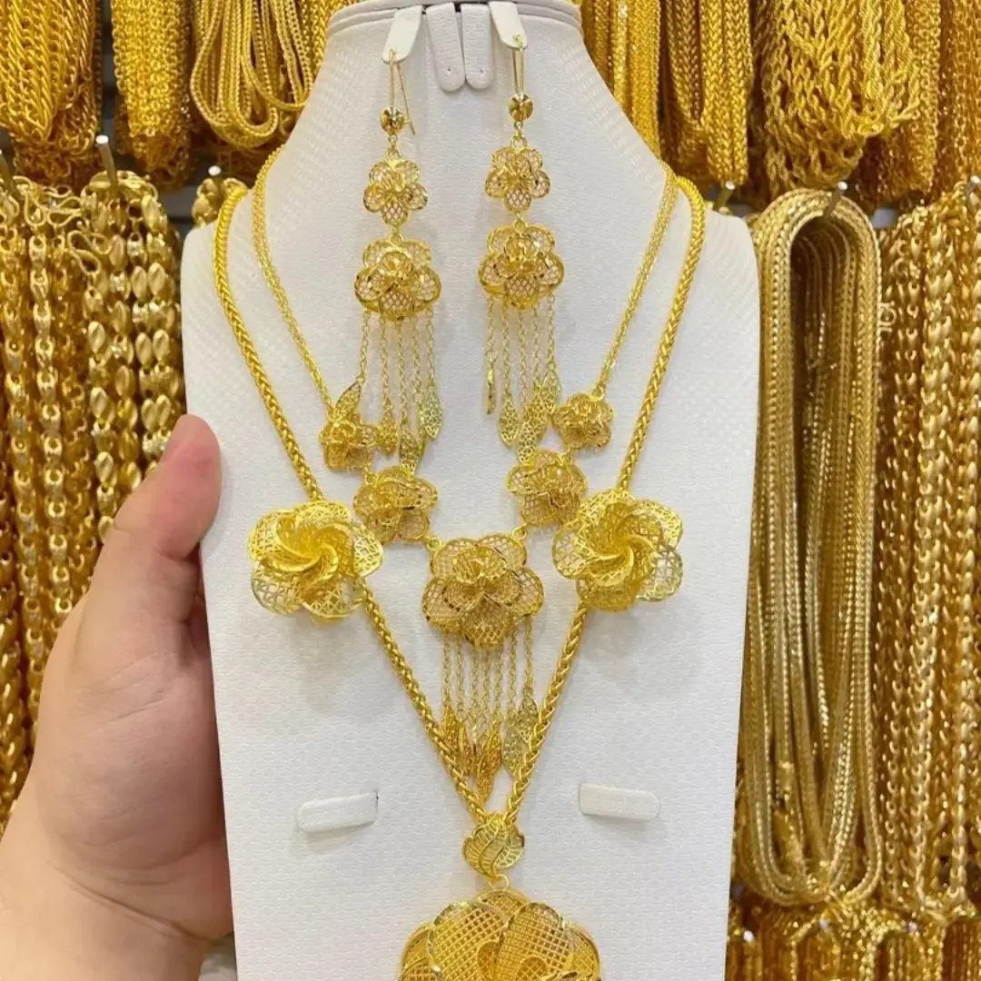 New Dubai Jewelry Set Bridal Wedding Tassel Double Necklace Earrings Ring Bracelet Women's Gift YY10072